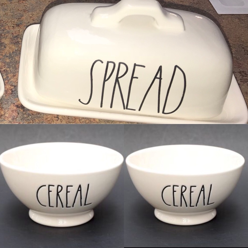 Rae Dunn spread and 2x cereal bowls.